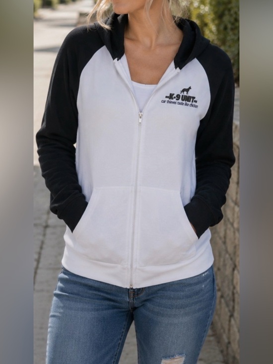 Bella Tops - Bella K-9 Unit Black & White Full Zip Hoodie Graphic Sweatshirt Women’s Medium